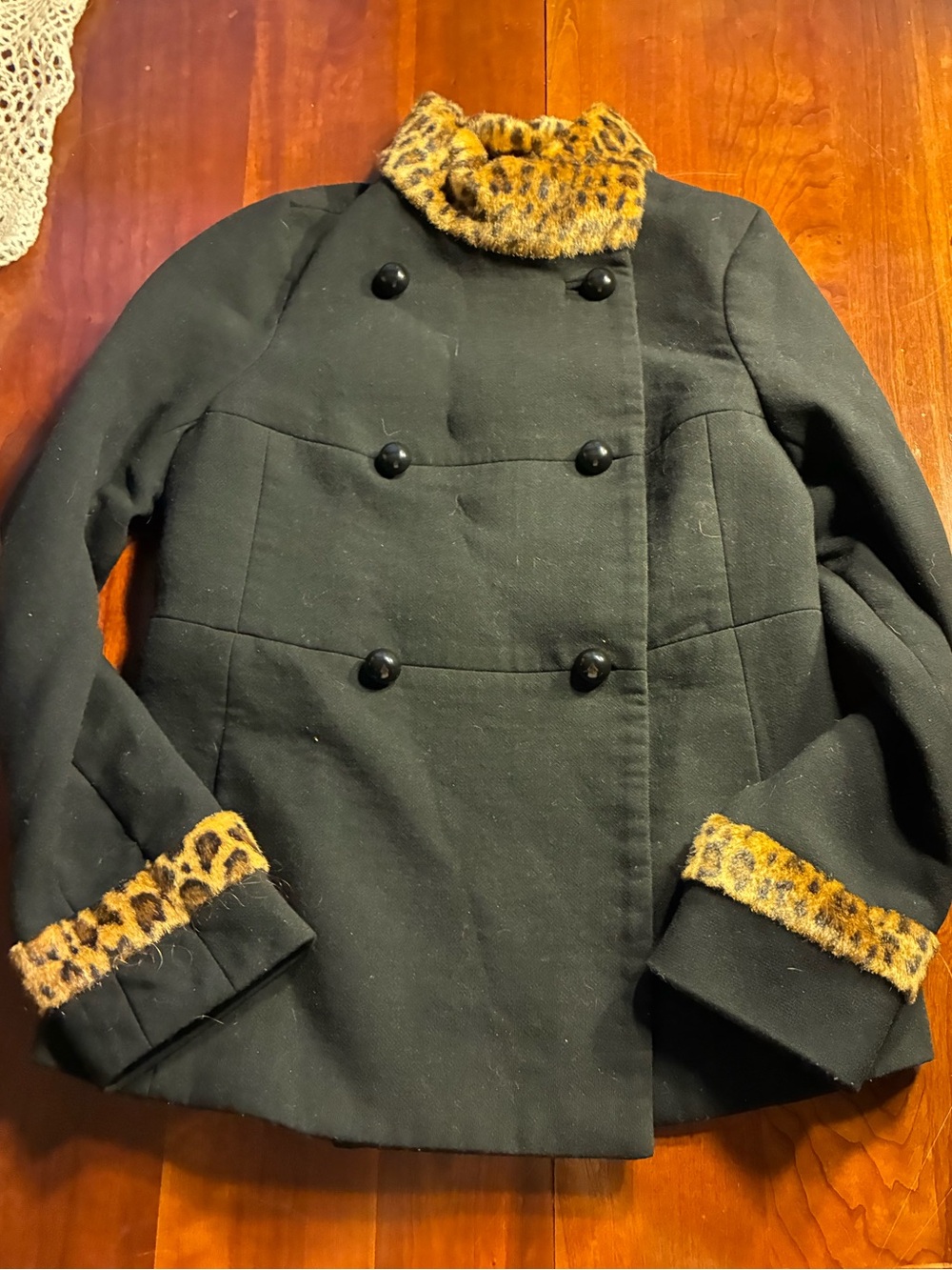 Black Peacoat with Leopard Trim Jacket